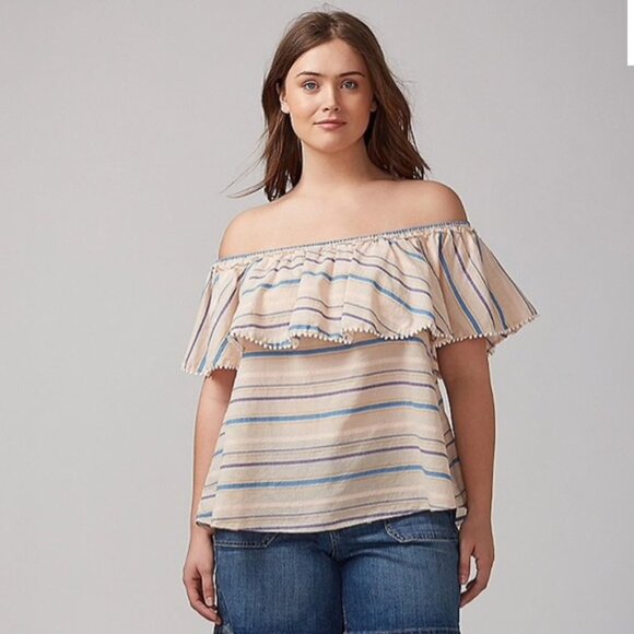 Lane Bryant Off The Shoulder Pom Top Stripe Flounce Overlay Blouse Beige 26 / 28 - Picture 1 of 7